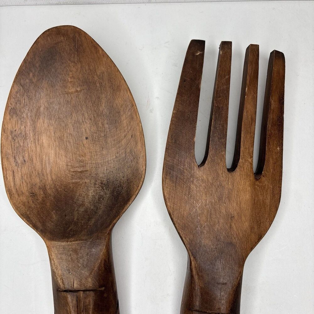 Vintage Made in Philippines 12” Carved Wood Salad Serving Spoon Fork Set MCM - Picture 4 of 16